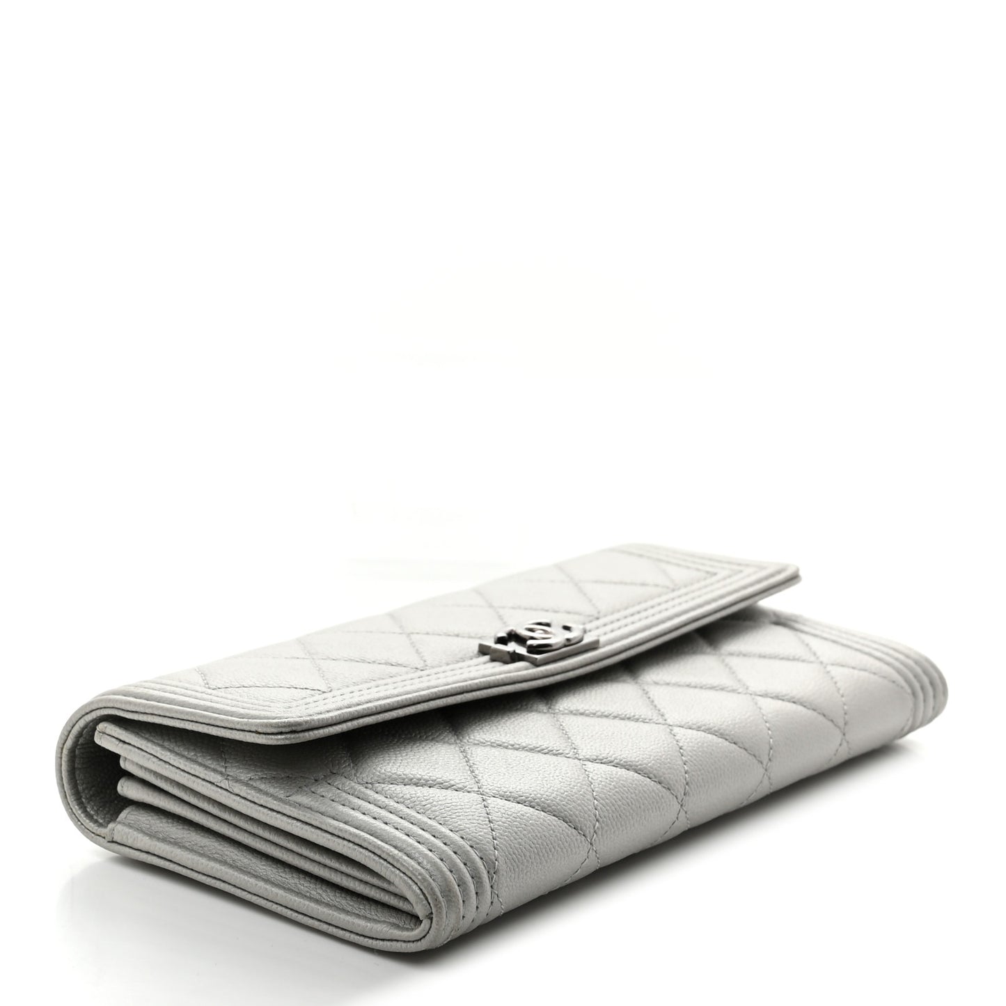 Metallic Caviar Quilted Large Boy Gusset Flap Wallet Silver