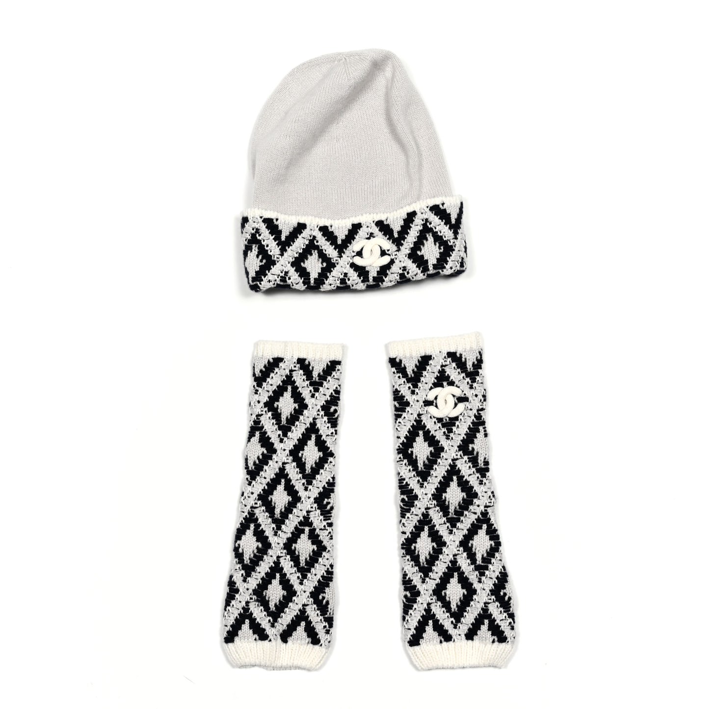 Cashmere Blend CC Beanie Hat With Gloves Set White Navy Blue