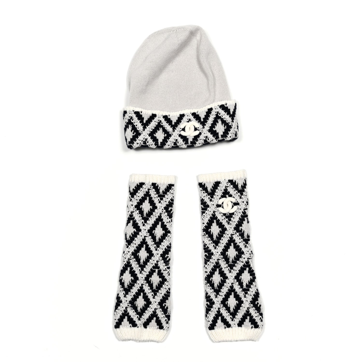 Chanel Cashmere Blend CC Beanie Hat With Gloves Set White Navy Blue 1 of 5