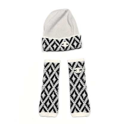Chanel Cashmere Blend CC Beanie Hat With Gloves Set White Navy Blue 1 of 5