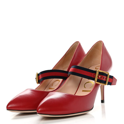 Gucci Malaga Kid Sylvie Web Mid Heel Pumps 37.5 Hibiscus Red 3 of 9