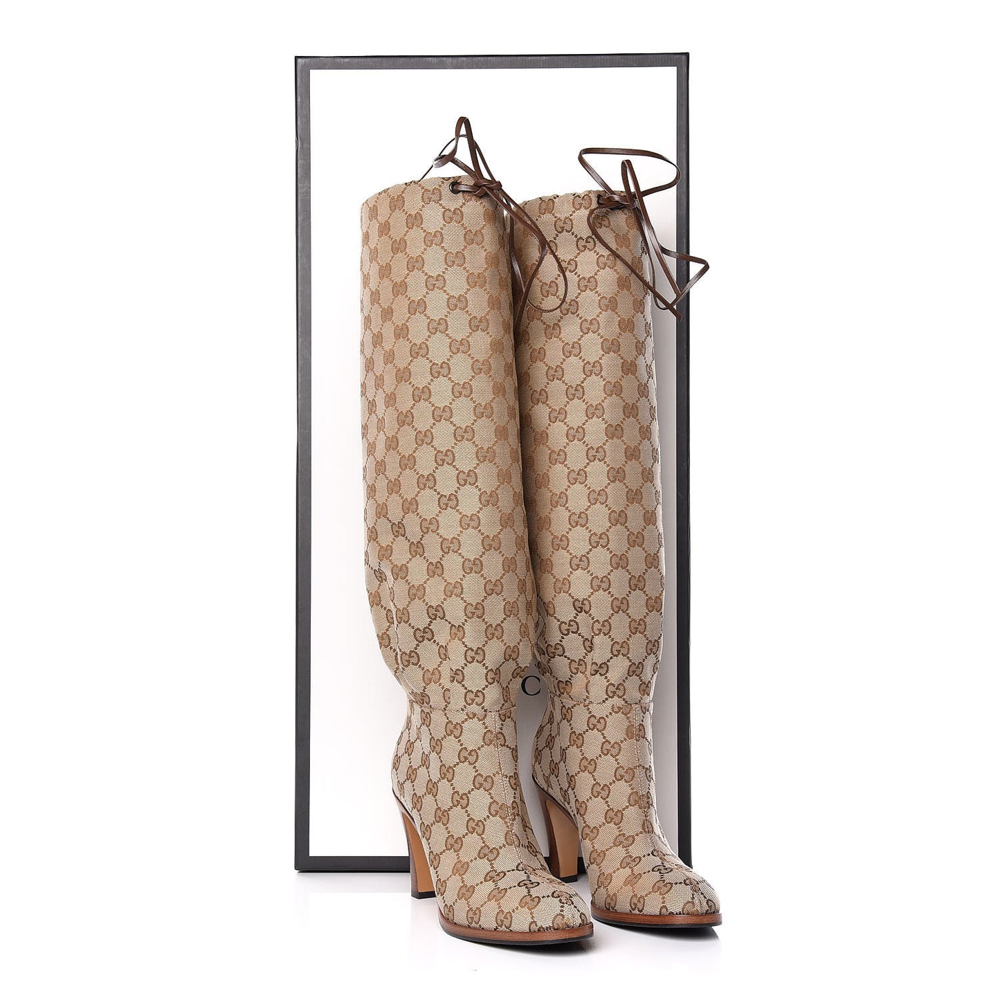 Monogram Lisa Mid Heel Boots 38 Beige Ebony