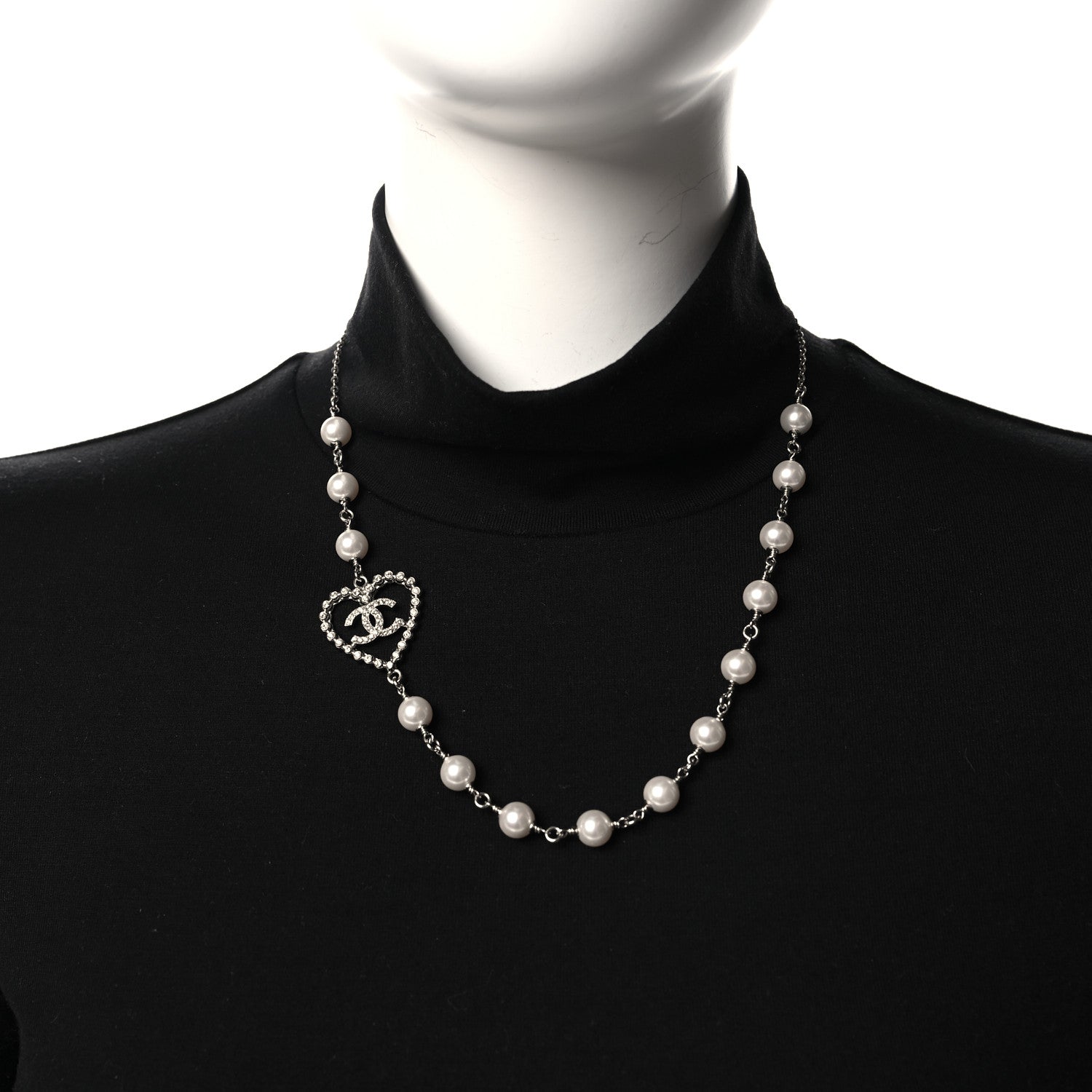 Chanel Crystal Pearl CC Heart Necklace Silver 2 of 5
