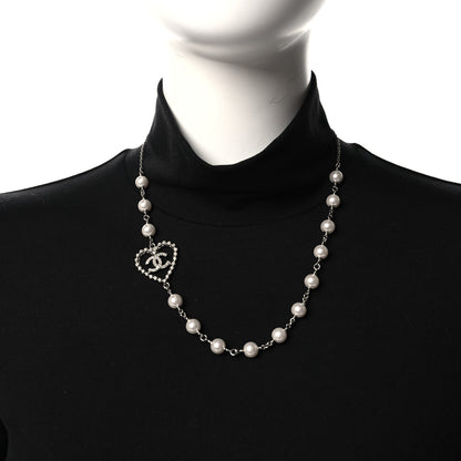 Chanel Crystal Pearl CC Heart Necklace Silver 2 of 5