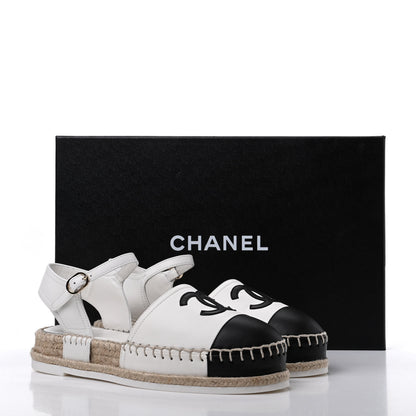 Chanel Lambskin Cap Toe CC Espadrille Sandals 35 Black White 10 of 10