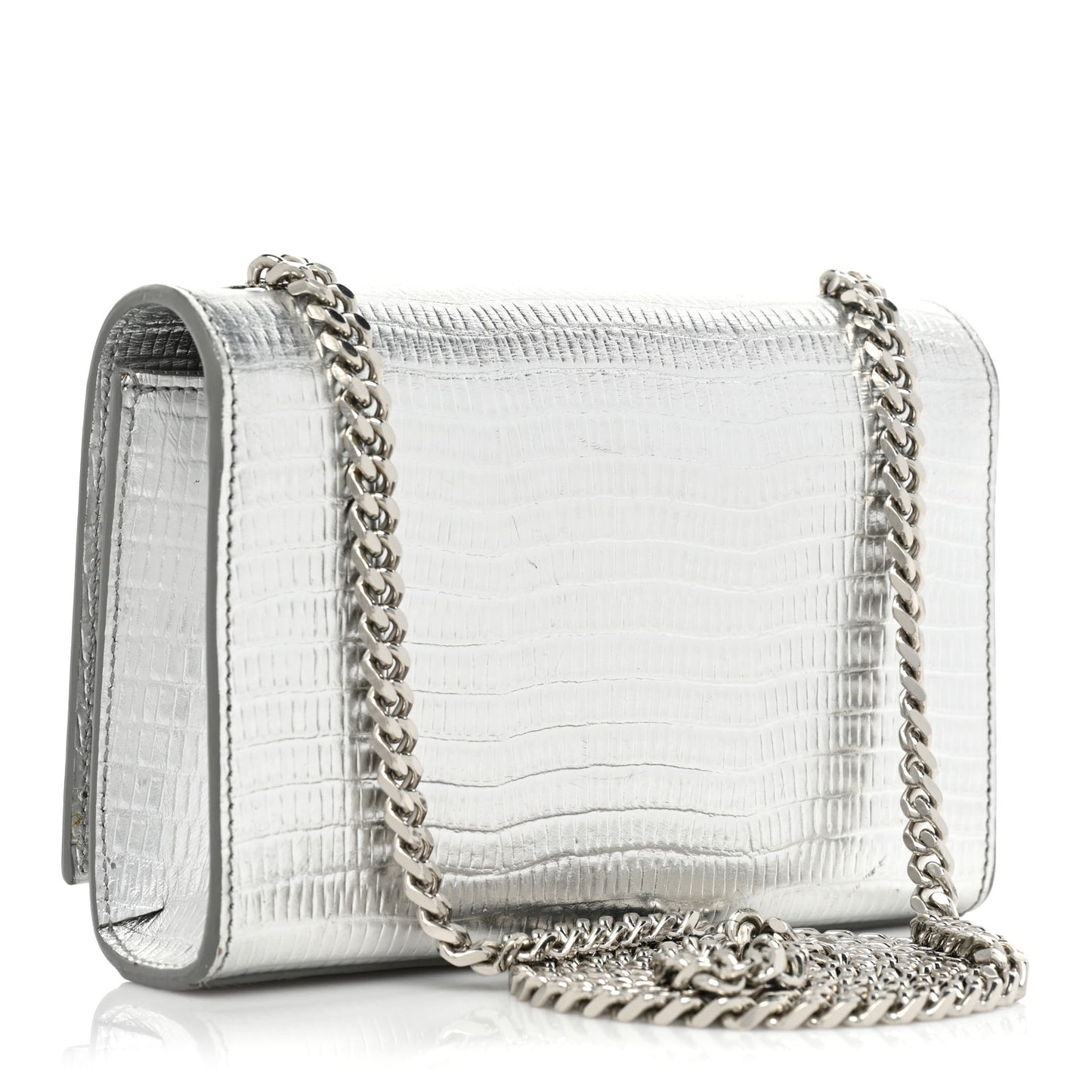 Metallic Calfskin Lizard Embossed Small Classic Monogram Kate Tassel Satchel Silver