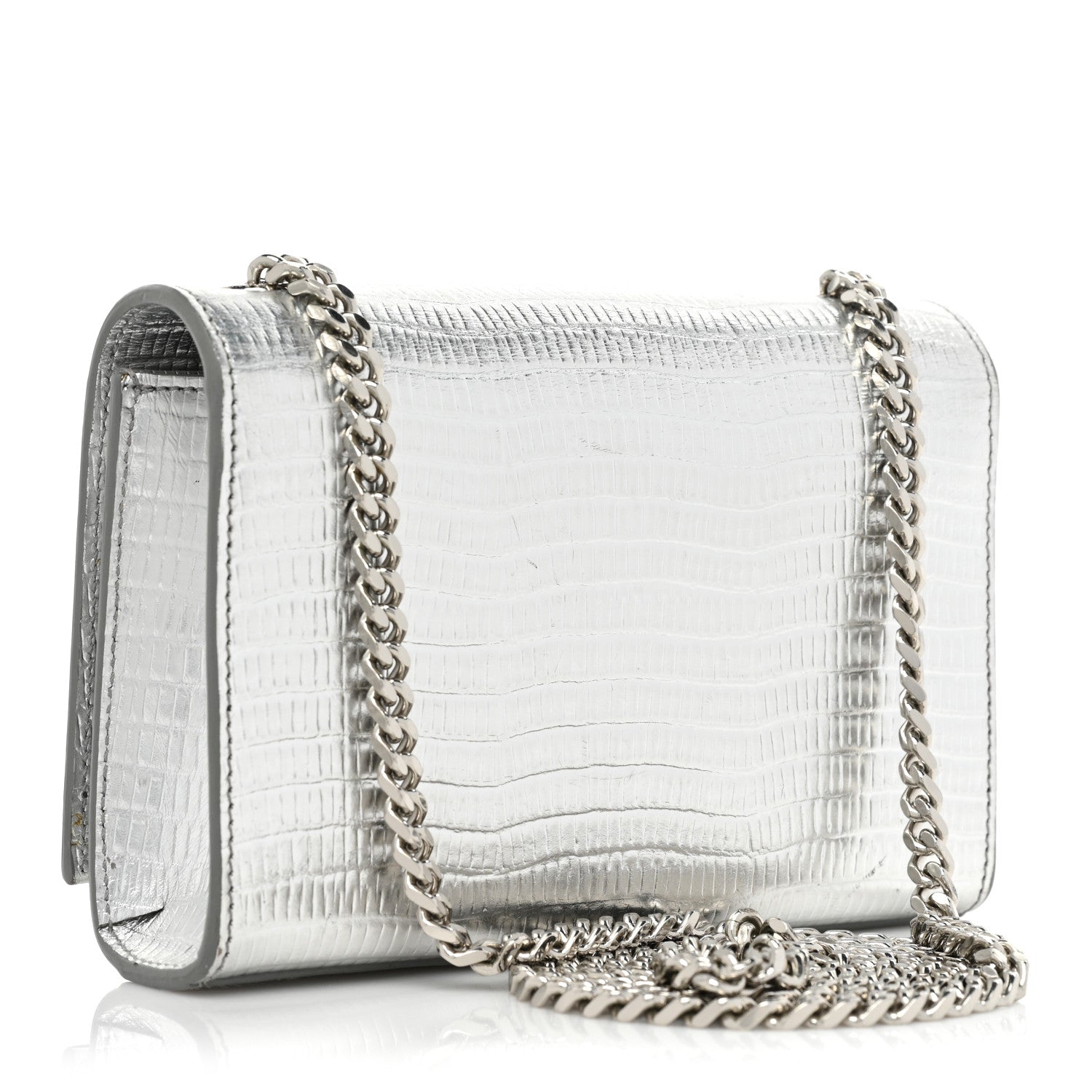 Saint Laurent Metallic Calfskin Lizard Embossed Small Classic Monogram Kate Tassel Satchel Silver 3 of 14
