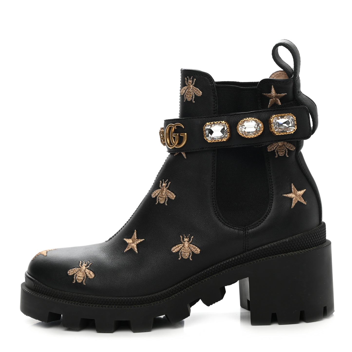 Calfskin Bee Star Embroidered Belt Ankle Boots 35 Black