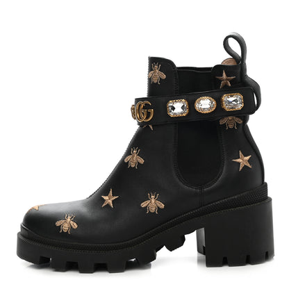 Gucci Calfskin Bee Star Embroidered Belt Ankle Boots 35 Black 1 of 8