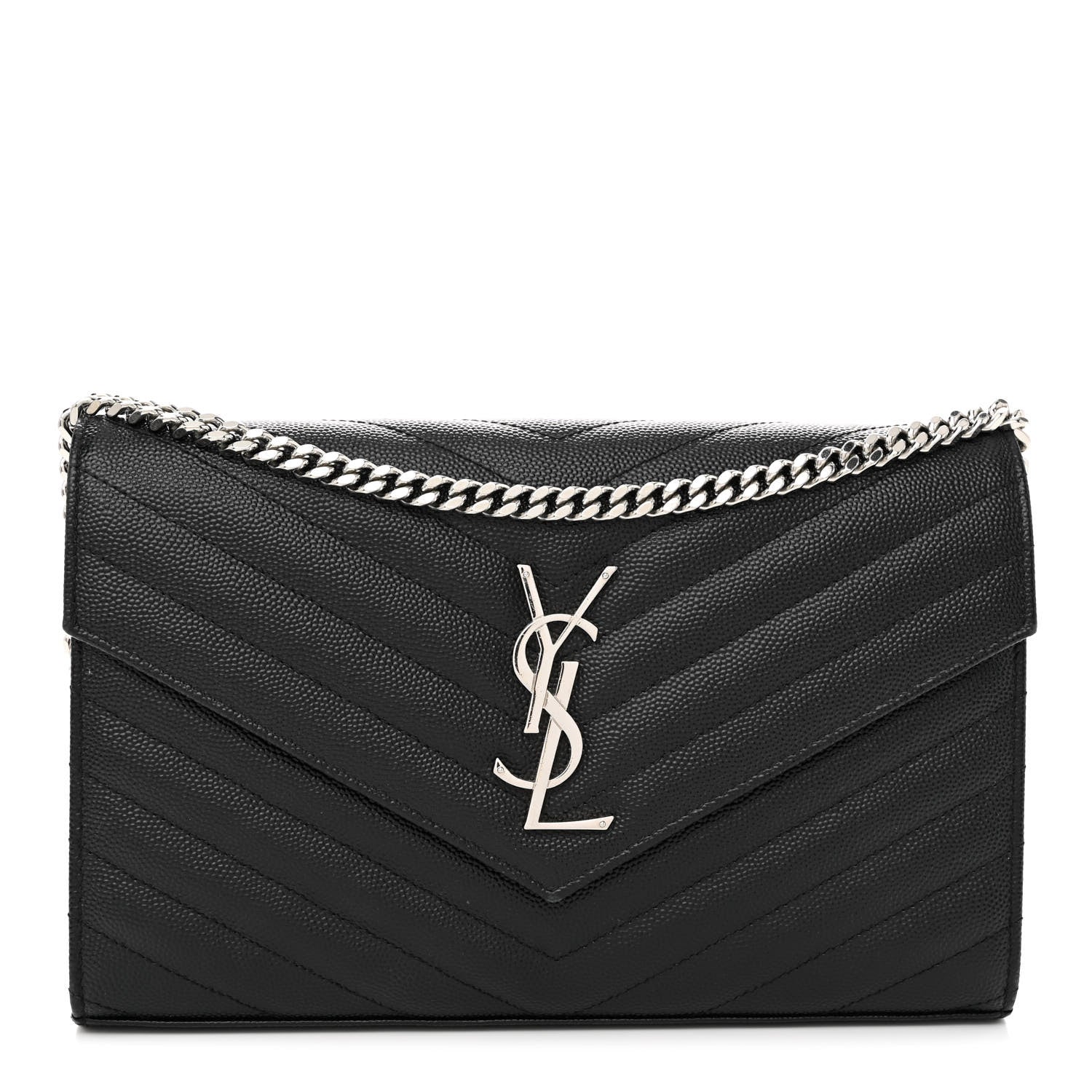 Saint Laurent Grain De Poudre Matelasse Chevron Monogram Chain Wallet Black 1 of 9