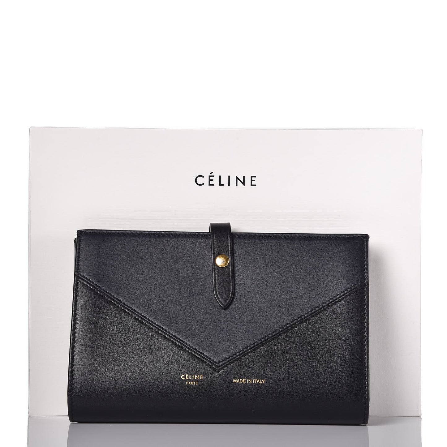 Shiny Smooth Calfskin Large Multifunction V Shape Wallet Navy Black