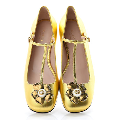 Gucci Metallic Nappa Lexi T Strap Ballerina Flats 37 Gold 5 of 8