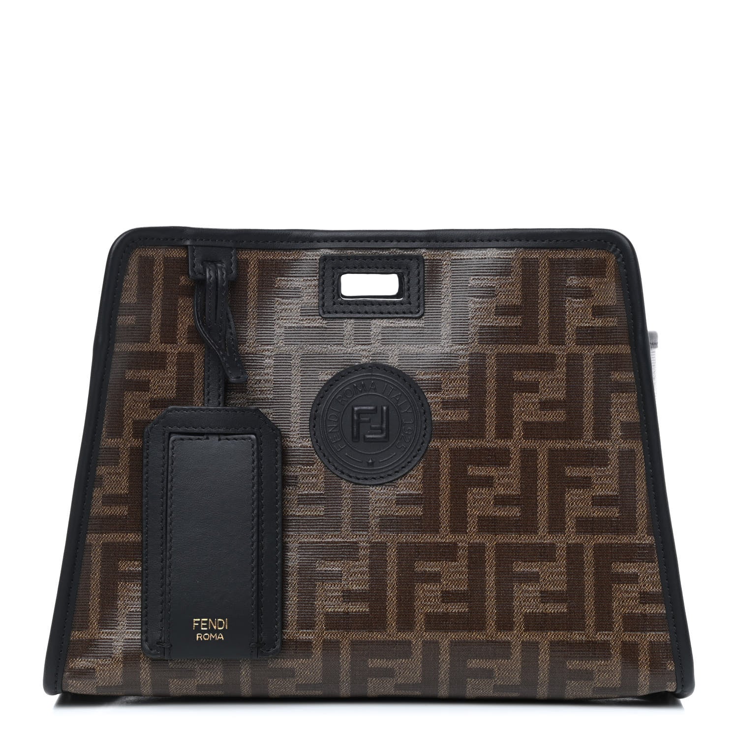 Fendi Glazed Fabric Vitello Century FF 1974 Stamp Patch Mini Peekaboo Defender Cover Mogano Panna Black 1 of 9