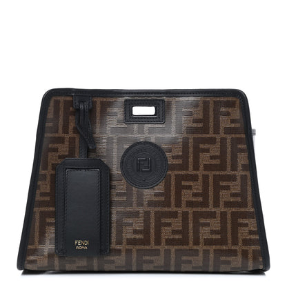 Fendi Glazed Fabric Vitello Century FF 1974 Stamp Patch Mini Peekaboo Defender Cover Mogano Panna Black 1 of 9