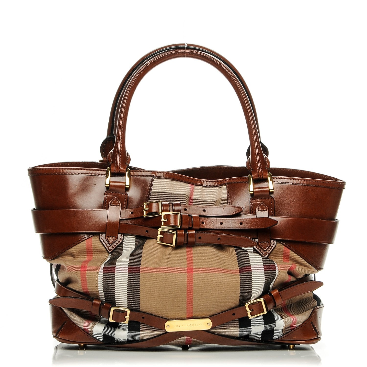 Burberry House Check Bridle Calfskin Medium Lynher Tote Dark Tan 1 of 9