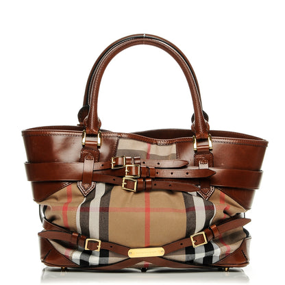 Burberry House Check Bridle Calfskin Medium Lynher Tote Dark Tan 1 of 9