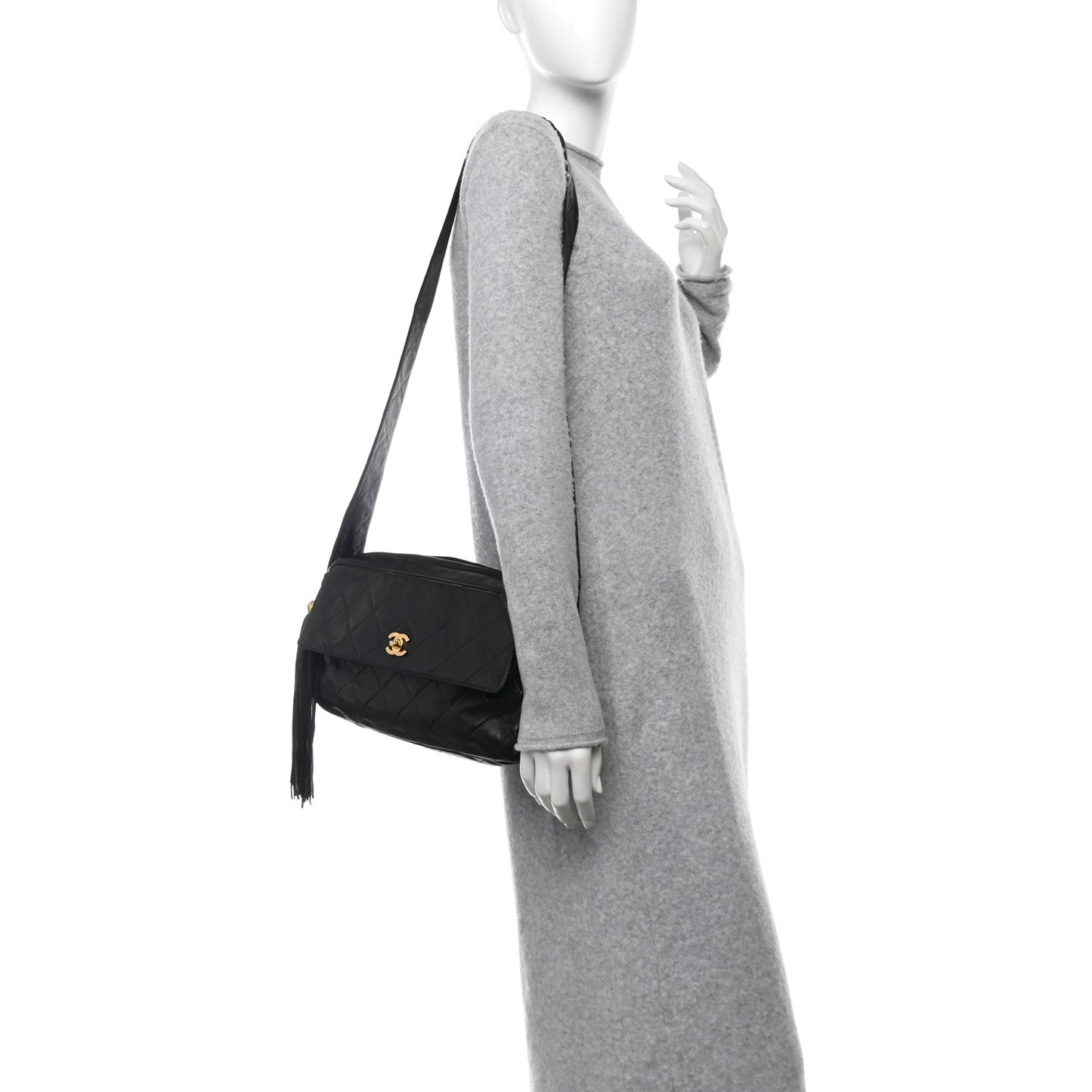 Lambskin Quilted Tassel Camera Case Black