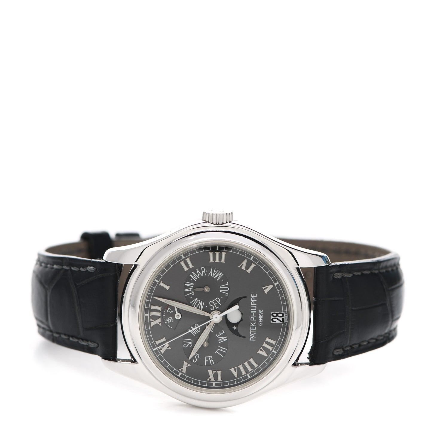 Platinum Crocodile 37mm Annual Calendar Moonphase Automatic Watch Black 5056P-001