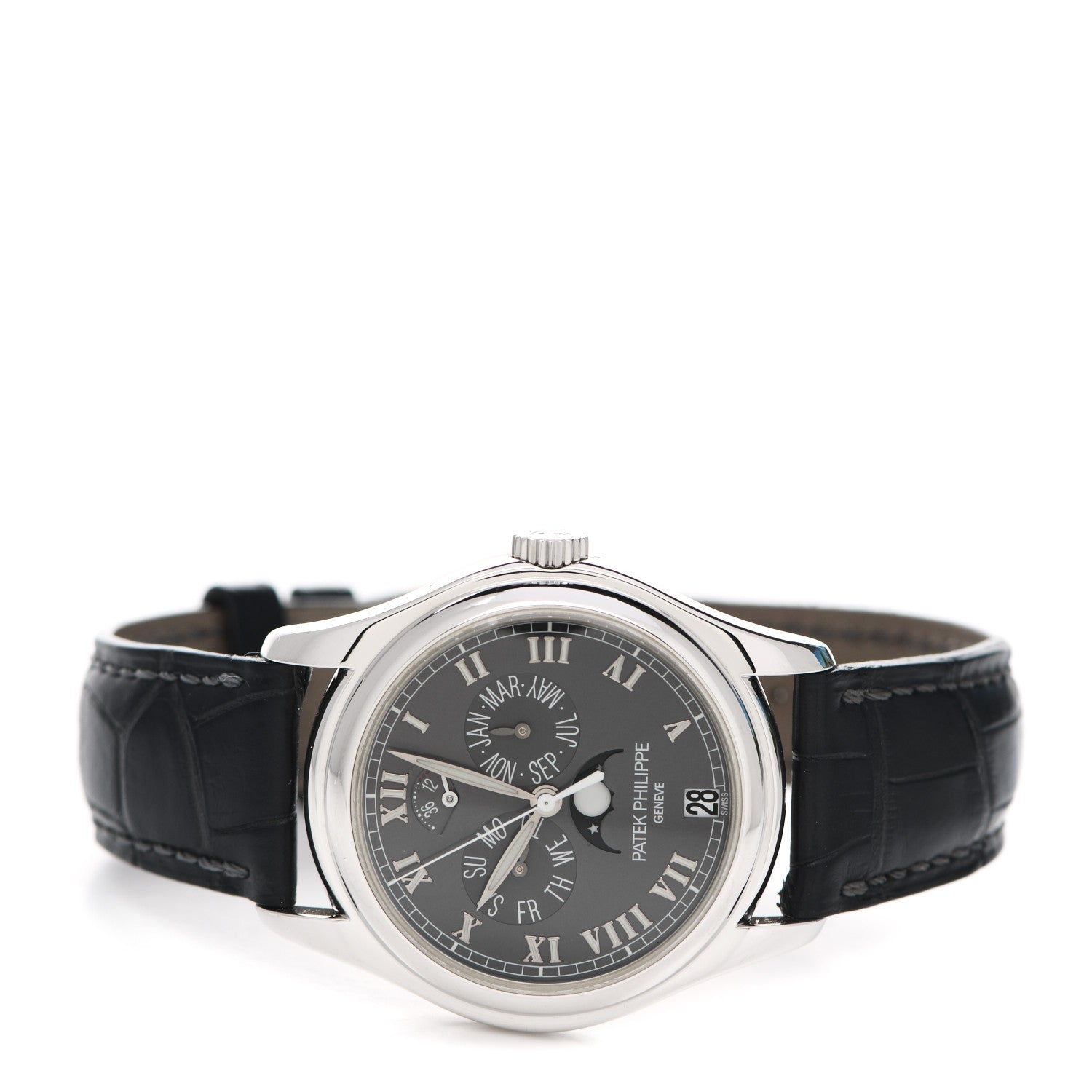 Patek Philippe Platinum Crocodile 37mm Annual Calendar Moonphase Automatic Watch Black 5056P-001 2 of 6