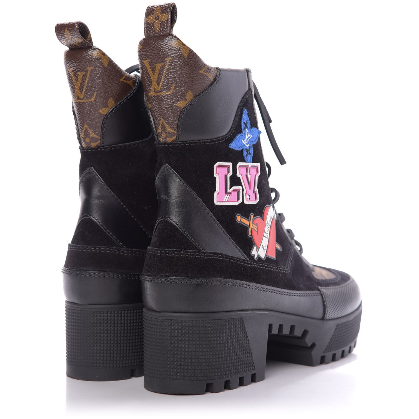 Suede Calfskin Monogram LV Black Heart Laureate Platform Desert Boots 37.5 Black