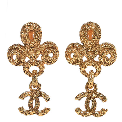 Chanel Fleur De Lis CC Drop Clip On Earrings Gold 1 of 5