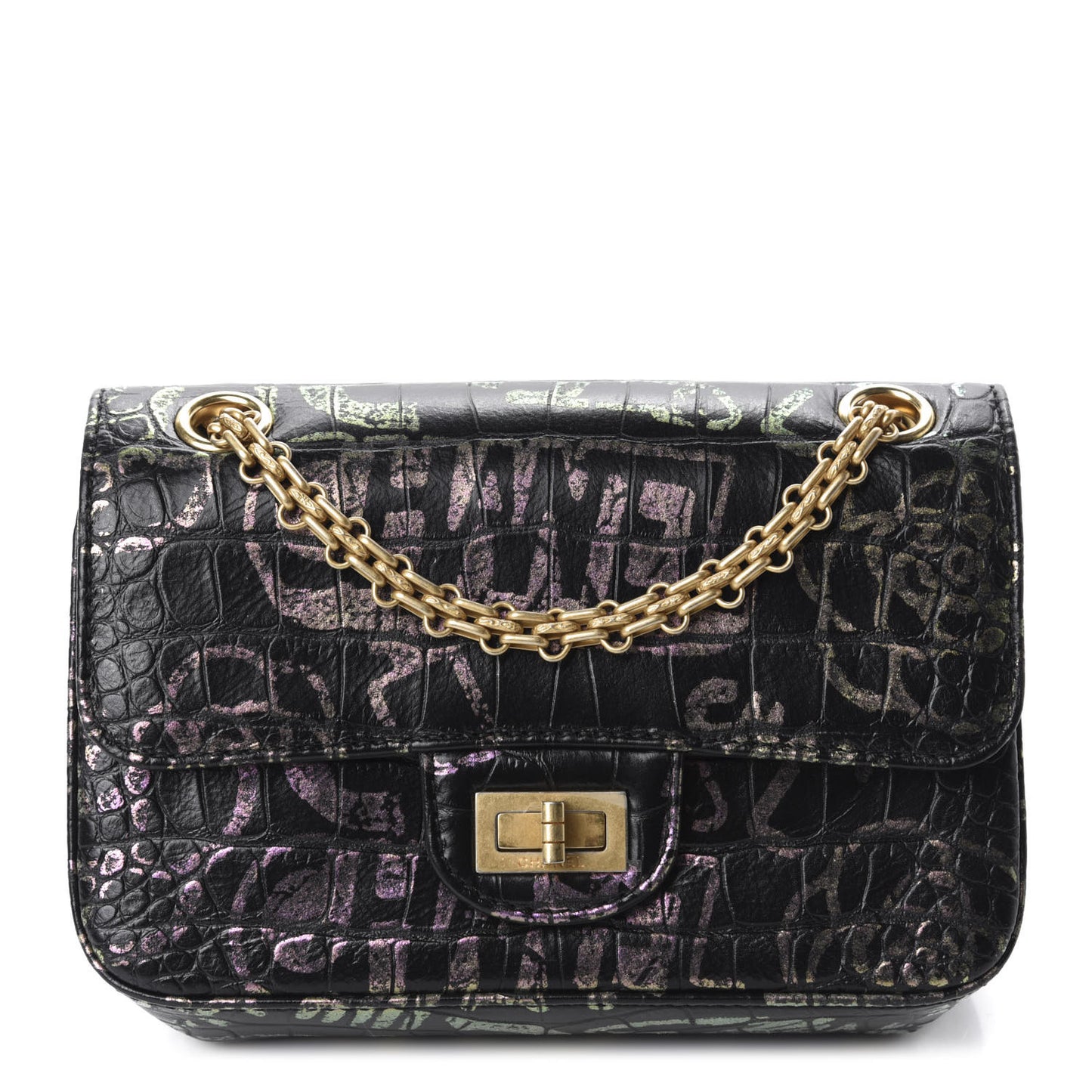 Calfskin Crocodile Embossed Graffiti 2.55 Mini Cocodile Reissue Flap Black Pink