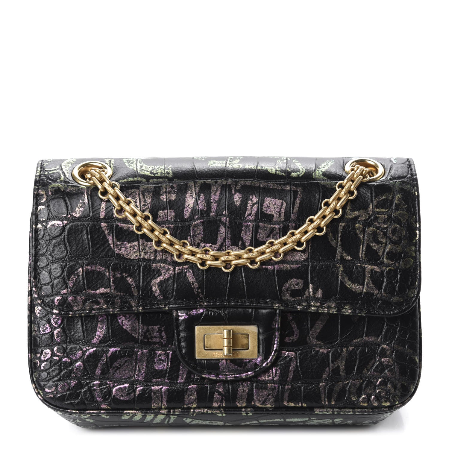 Chanel Calfskin Crocodile Embossed Graffiti 2.55 Mini Cocodile Reissue Flap Black Pink 1 of 11