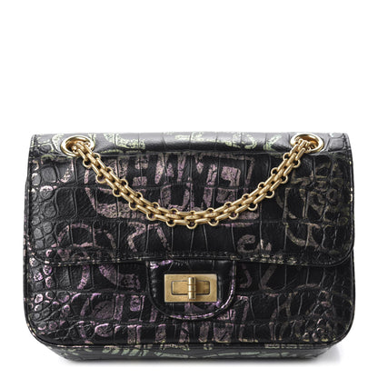 Chanel Calfskin Crocodile Embossed Graffiti 2.55 Mini Cocodile Reissue Flap Black Pink 1 of 11