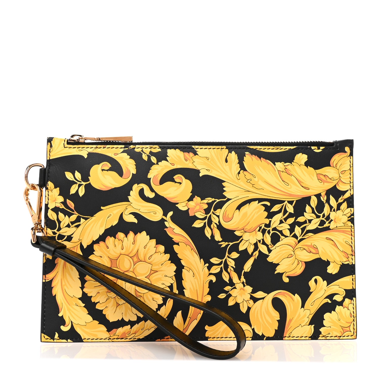 Versace Vitello Baroque Print Wristlet Pouch Black Gold 1 of 6