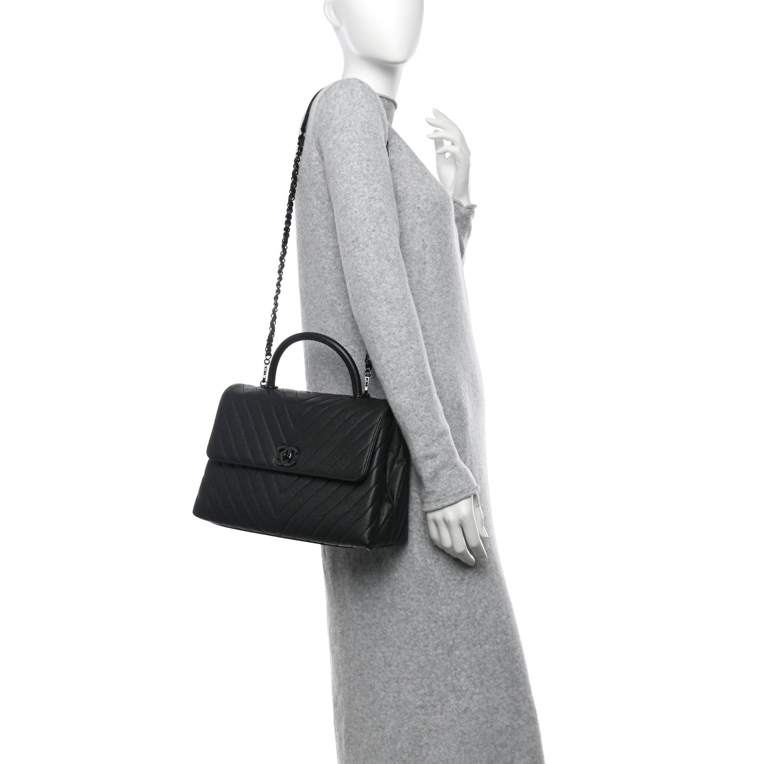 Chanel Caviar Chevron Quilted Medium Coco Handle Flap So Black 2 of 10