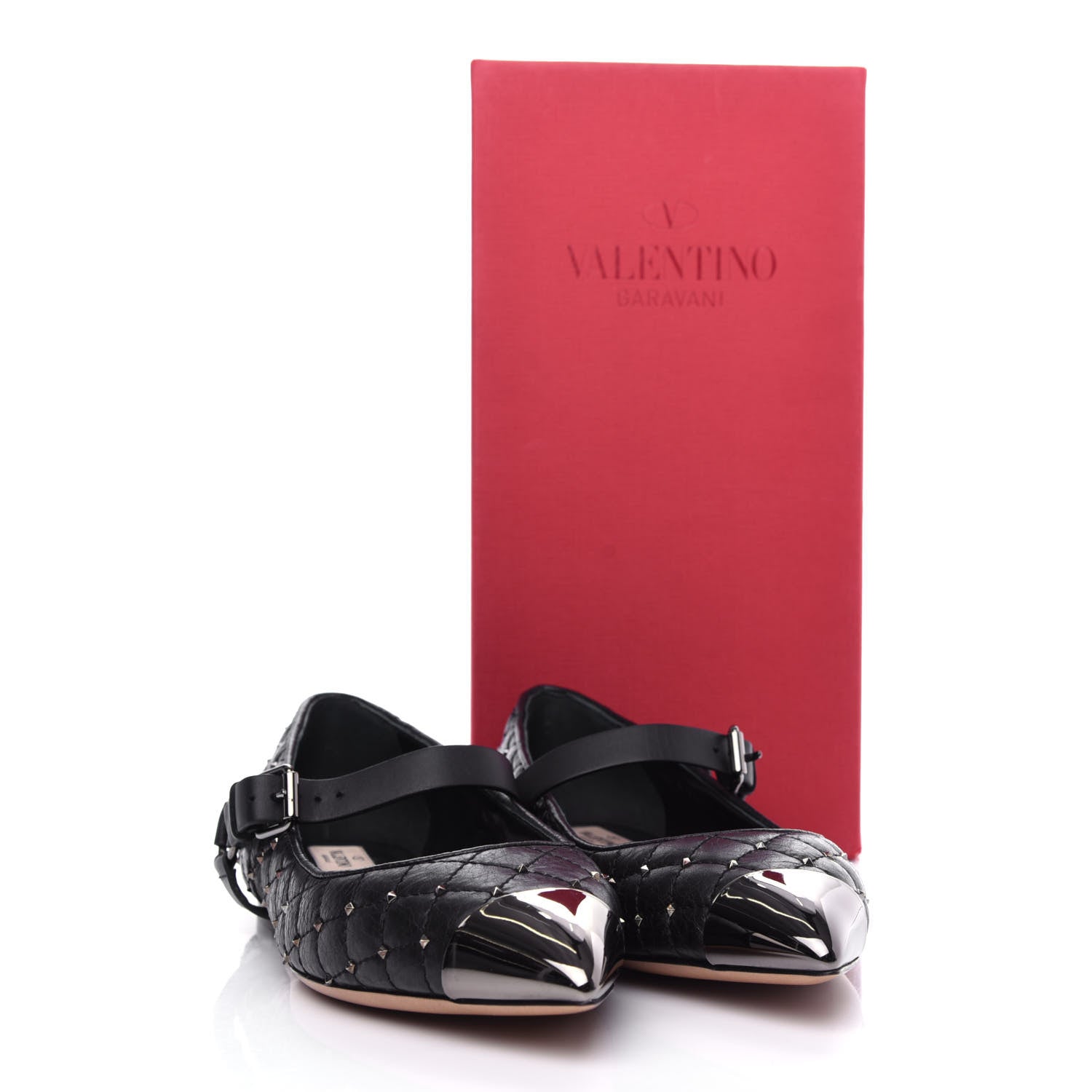 Valentino Garavani Crackled Lambskin Rockstud Spike Captoe Ballerina Flats 39 Black 11 of 11
