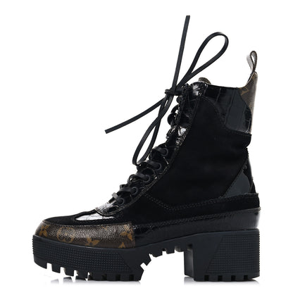 Louis Vuitton Suede Crocodile Embossed Calfskin Monogram Laureate Platform Desert Boots 36 Black 1 of 10