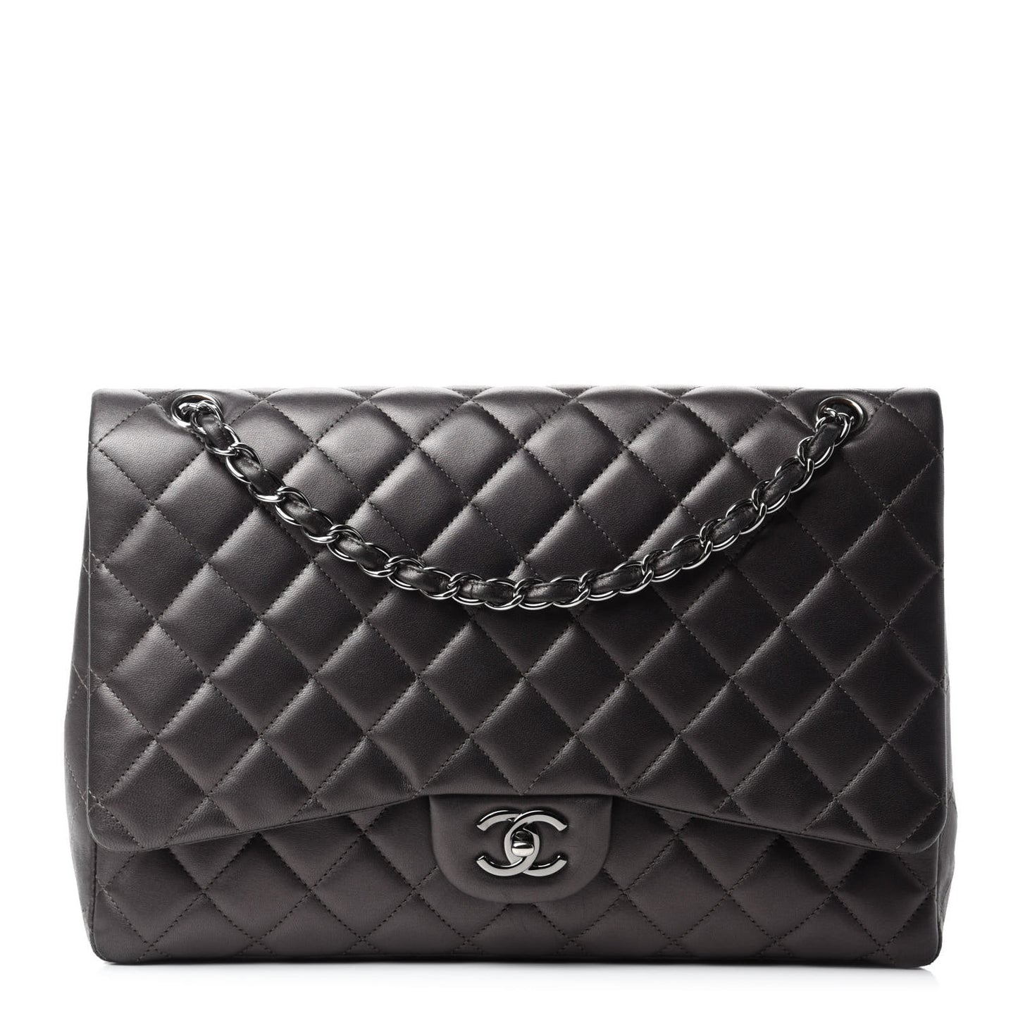 Metallic Lambskin Quilted Maxi Single Flap Dark Grey