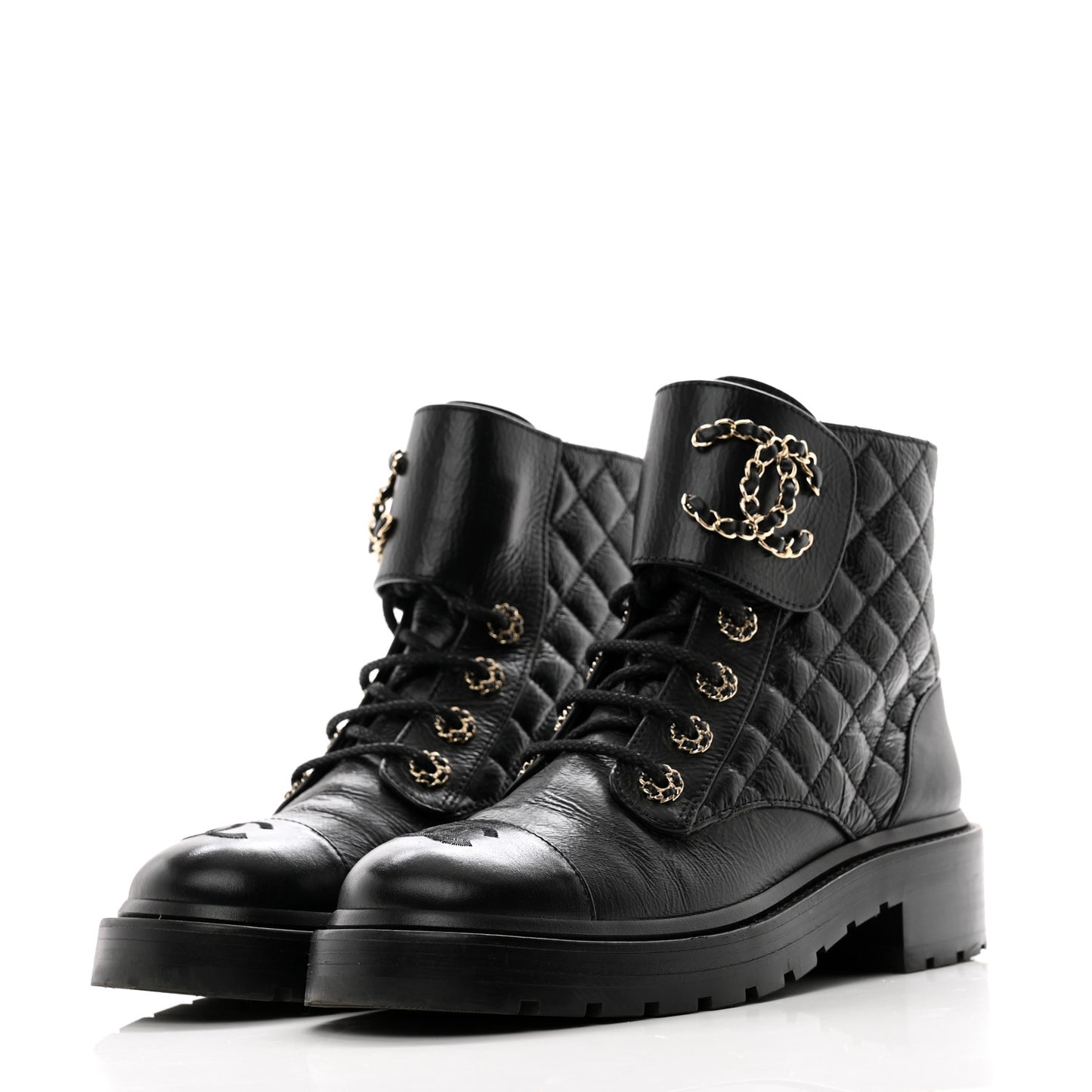 Shiny Goatskin Calfskin Quilted Lace Up Combat Boots 37 Black