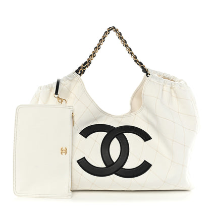 Chanel Denim Calfskin Quilted Coco Beach Small Shopping Tote White Black 3 of 11
