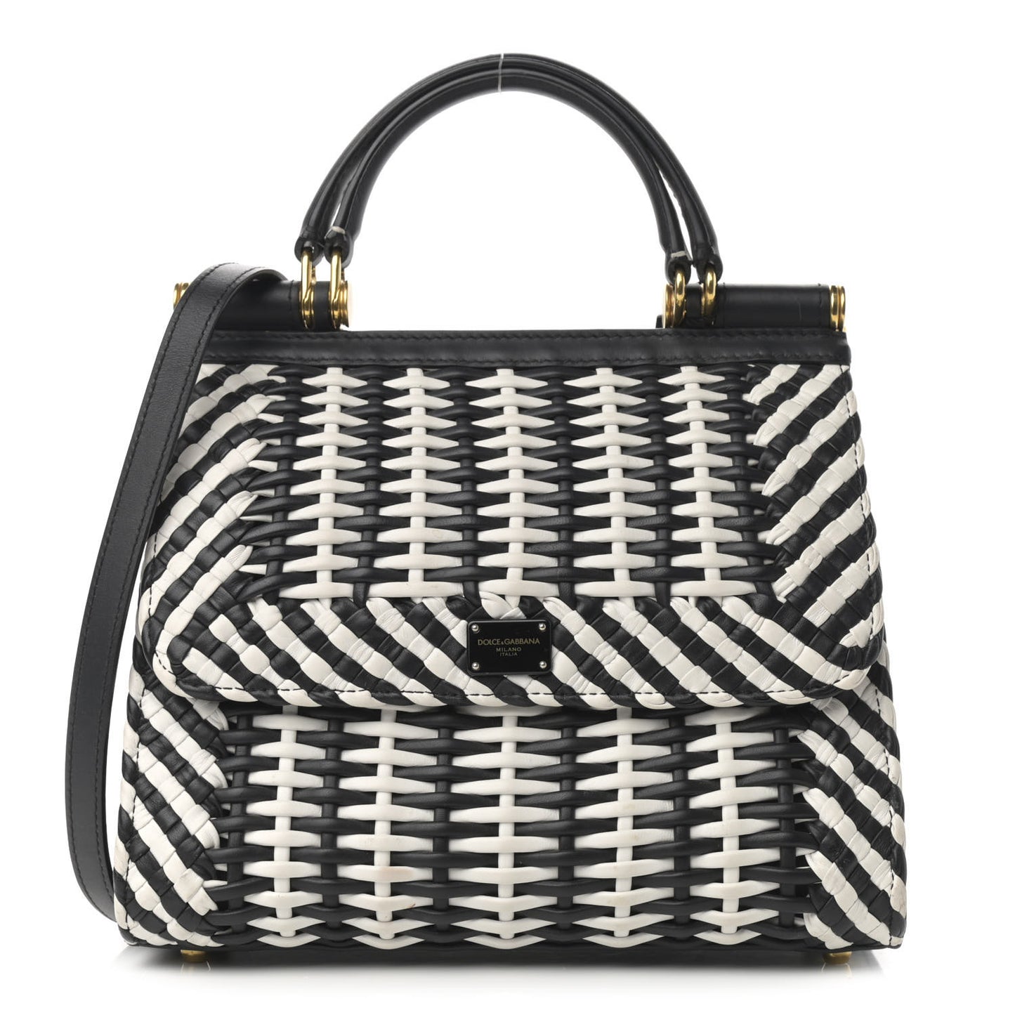 Calfskin Woven Medium Sicily 58 Satchel Black White