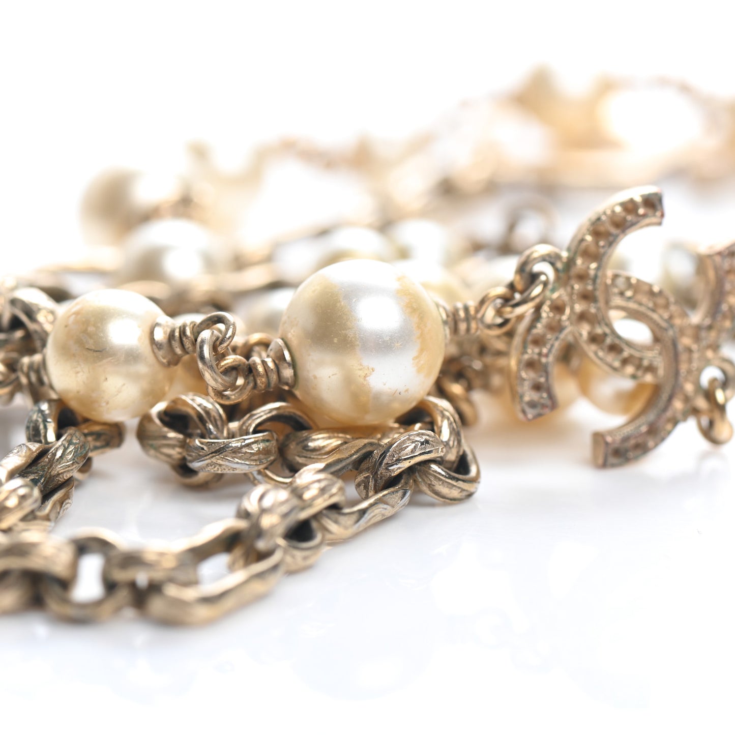 Graduated Pearl Crystal CC Long Necklace Gold