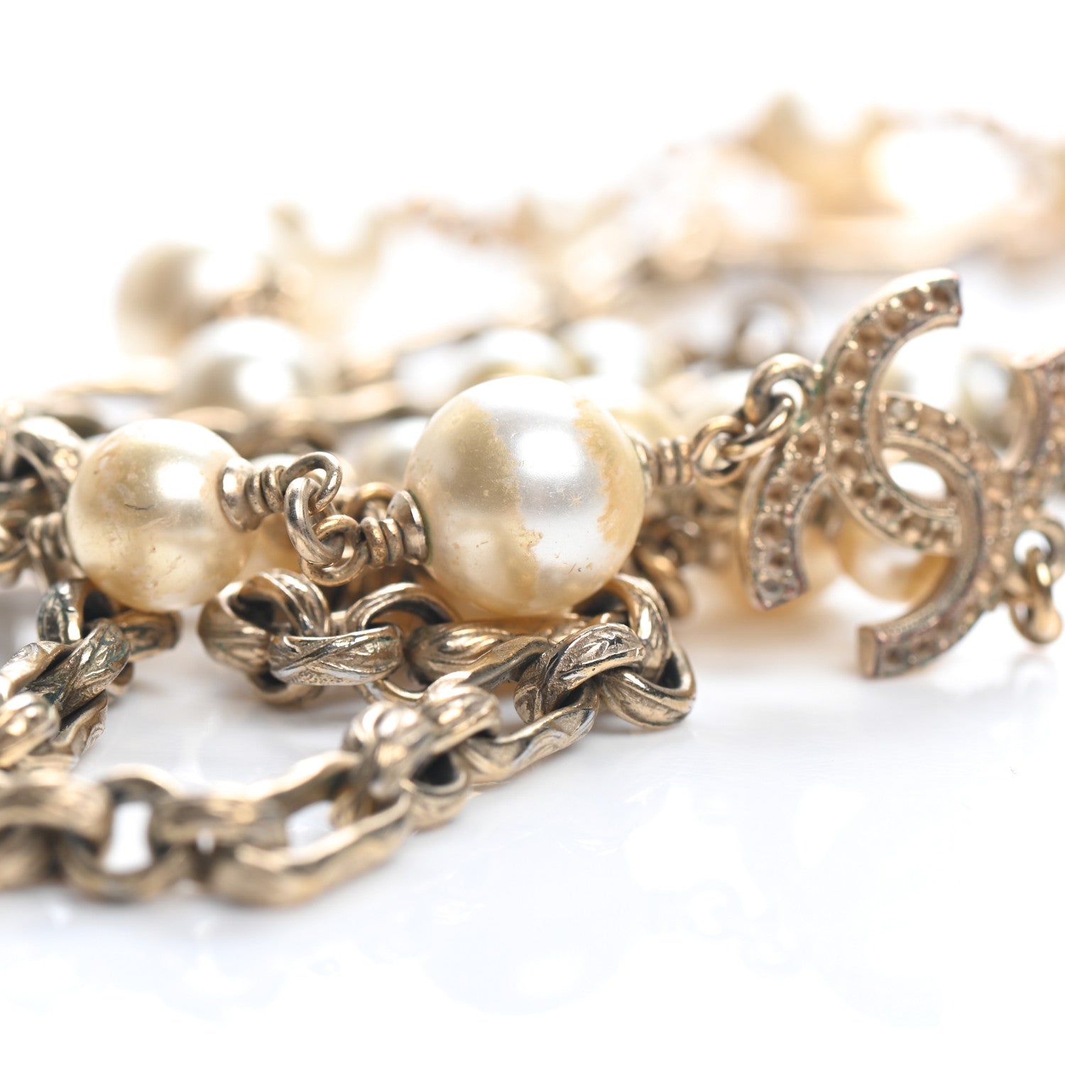 Chanel Graduated Pearl Crystal CC Long Necklace Gold 6 of 9