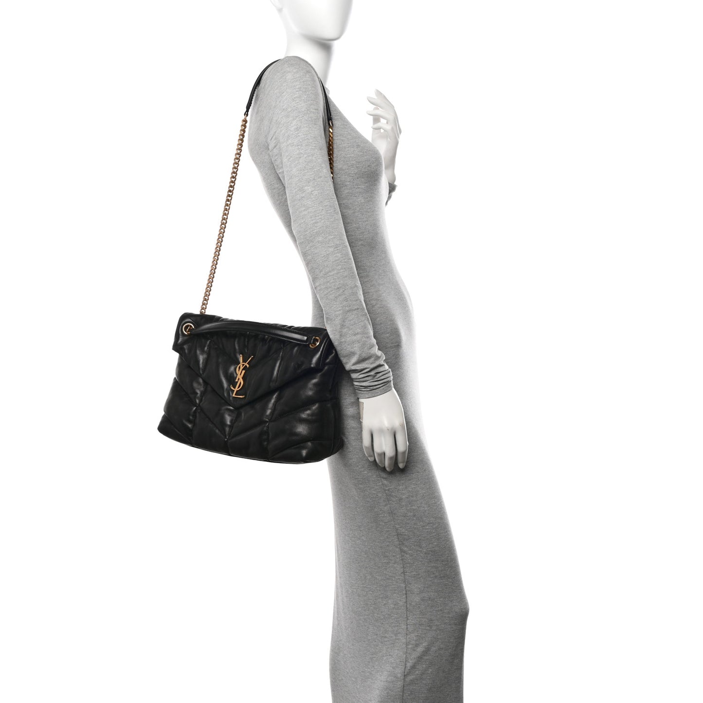 Lambskin Quilted Medium Loulou Puffer Monogram Chain Satchel Black