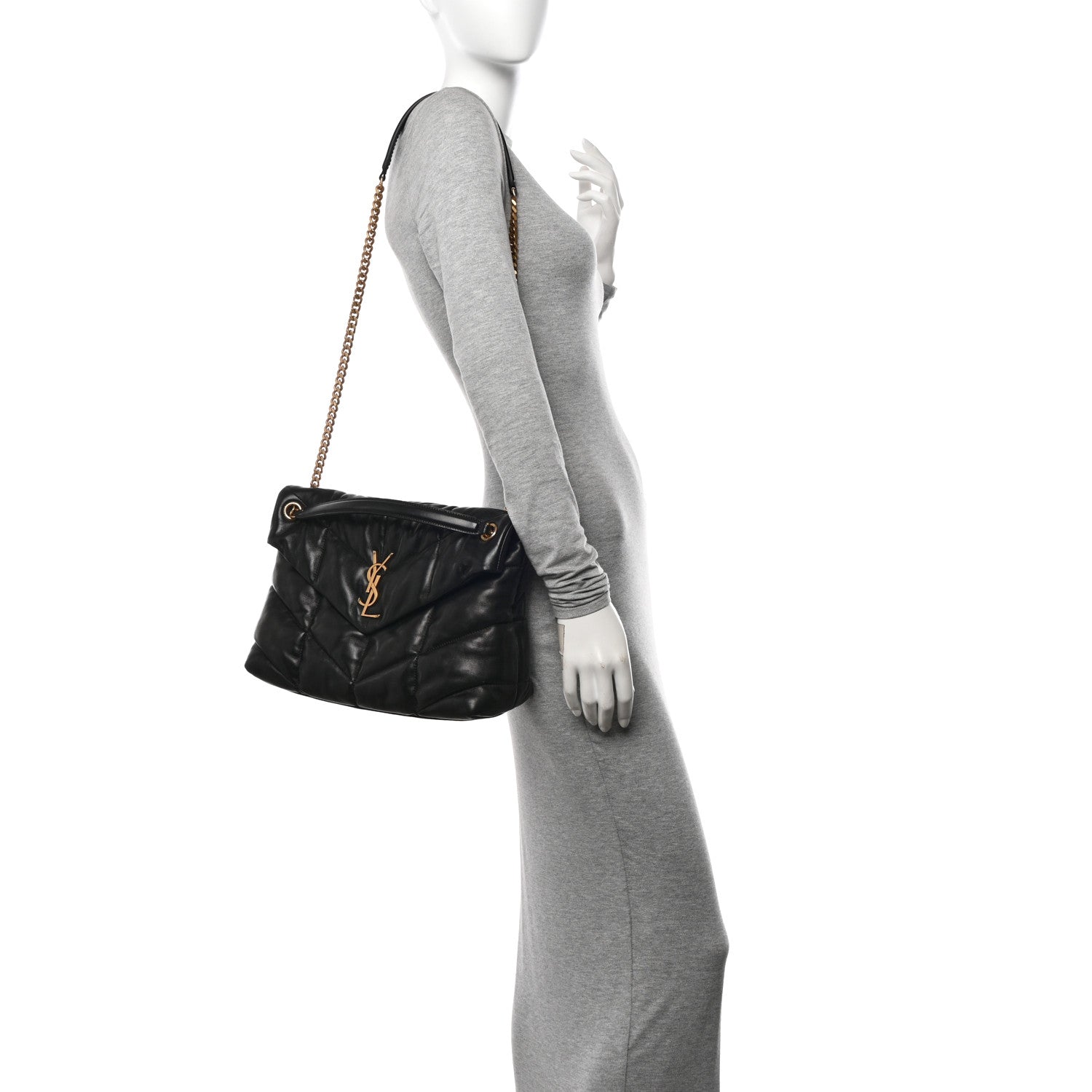 Saint Laurent Lambskin Quilted Medium Loulou Puffer Monogram Chain Satchel Black 2 of 11