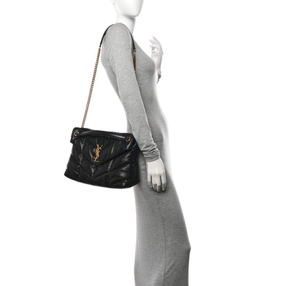 Saint Laurent Lambskin Quilted Medium Loulou Puffer Monogram Chain Satchel Black 2 of 11