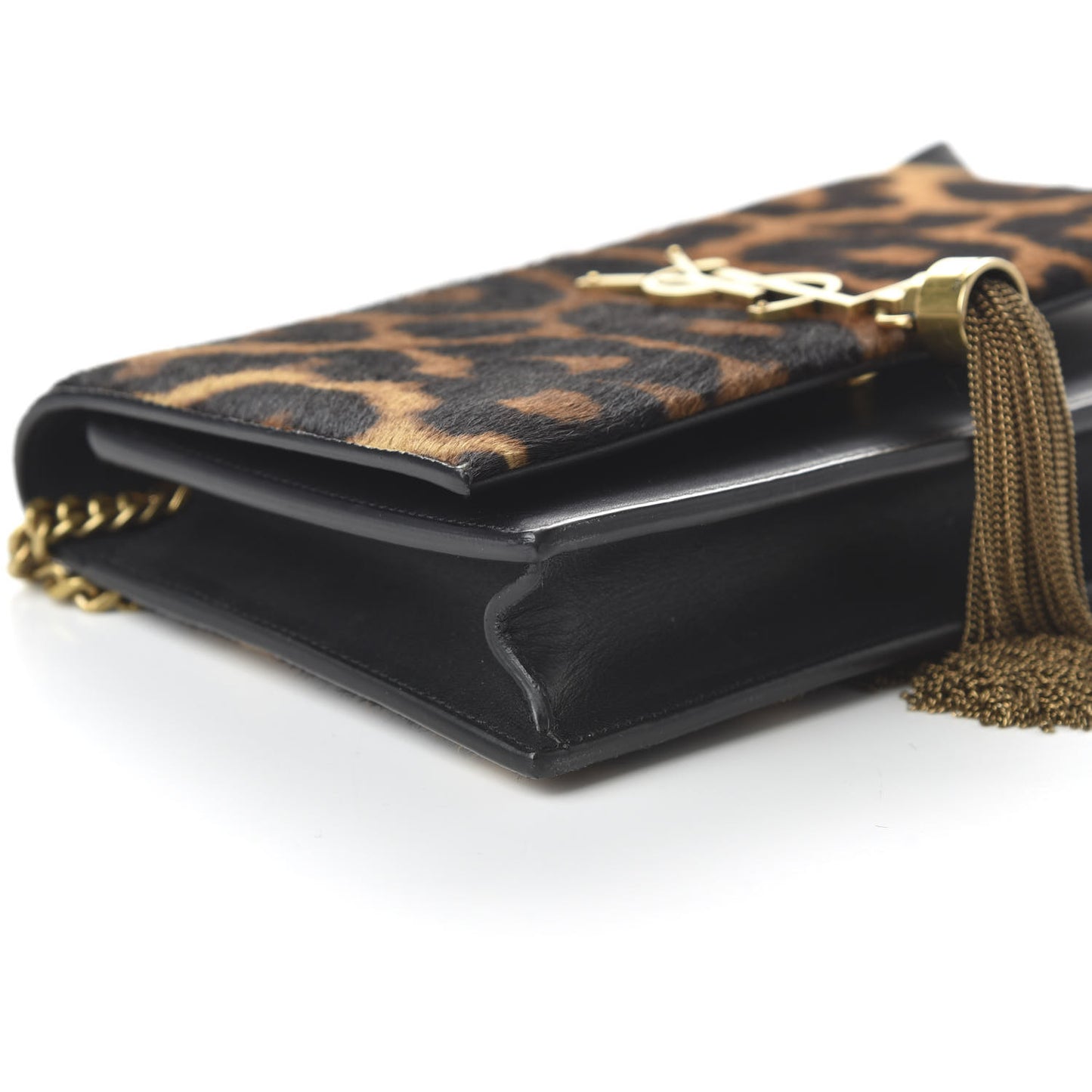 Pony Hair Leopard Print Classic Monogram Kate Tassel Chain Wallet Black