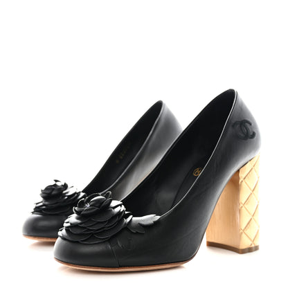 Chanel Calfskin Camellia High Pumps 35.5 Black Gold 3 of 10