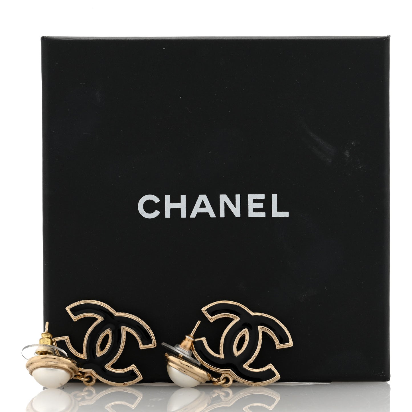 Pearl Enamel CC Drop Earrings Black