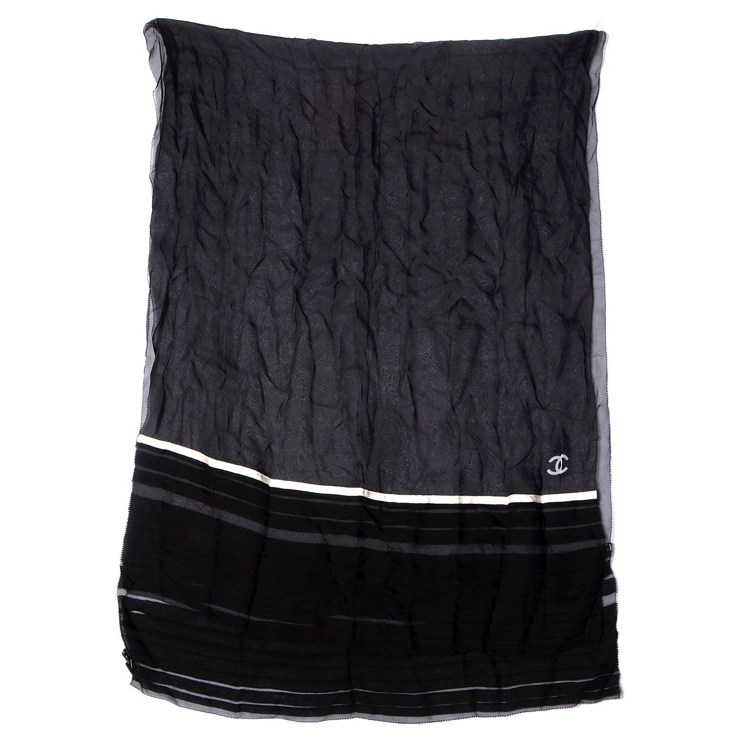 Chanel Silk Mousseline CC Logo Stripe Scarf Black White 2 of 4