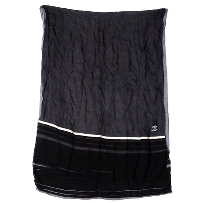 Chanel Silk Mousseline CC Logo Stripe Scarf Black White 2 of 4