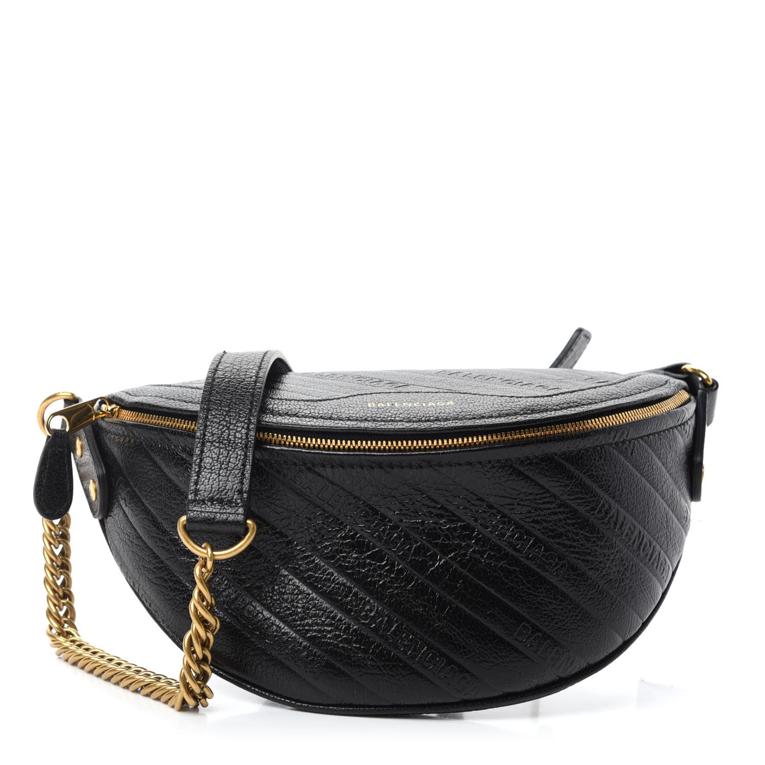 Balenciaga Shiny Goatskin Allover Logo Embossed XXS Souvenir Belt Bag Black 1 of 9