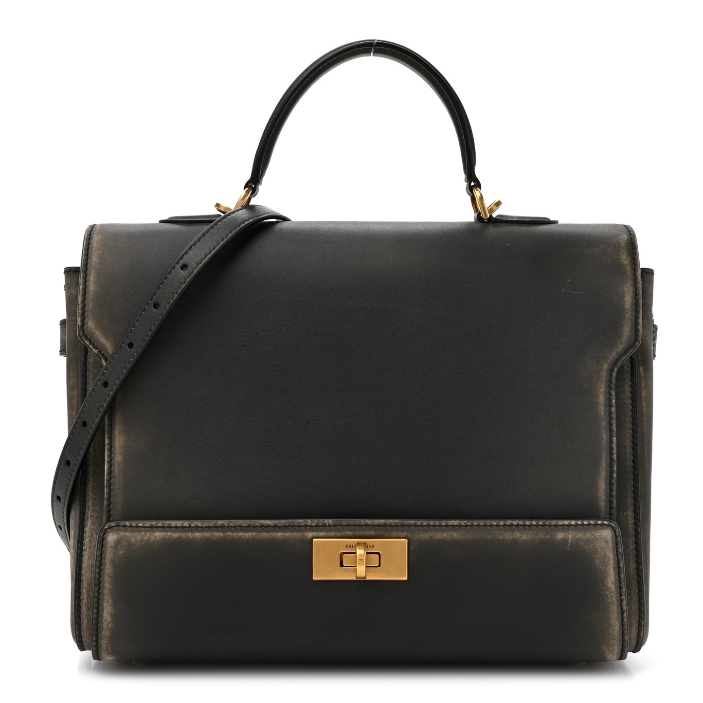 Used Calfskin Money Top Handle Handbag Black