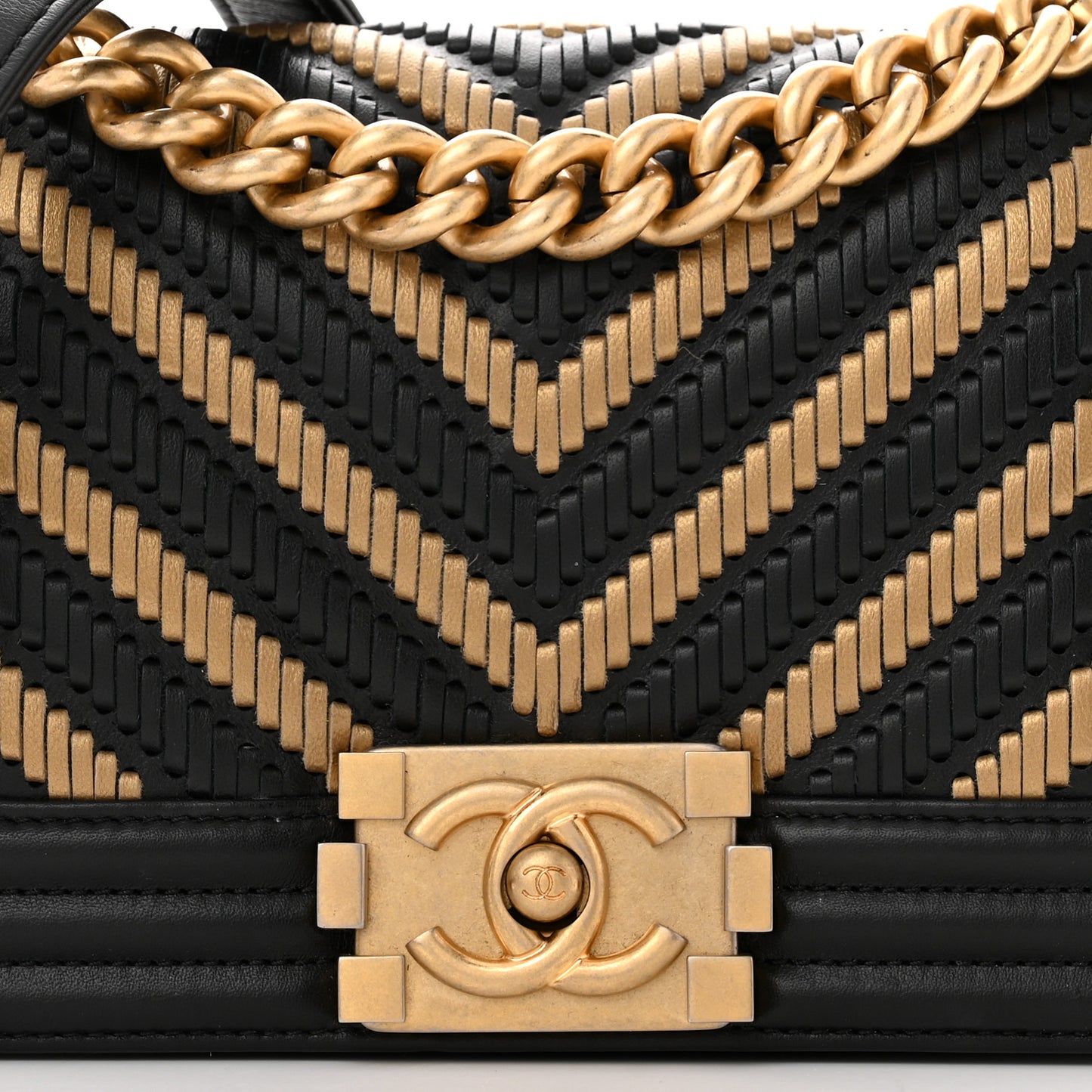 Lambskin Calfskin Chevron Small Boy Flap Black Gold