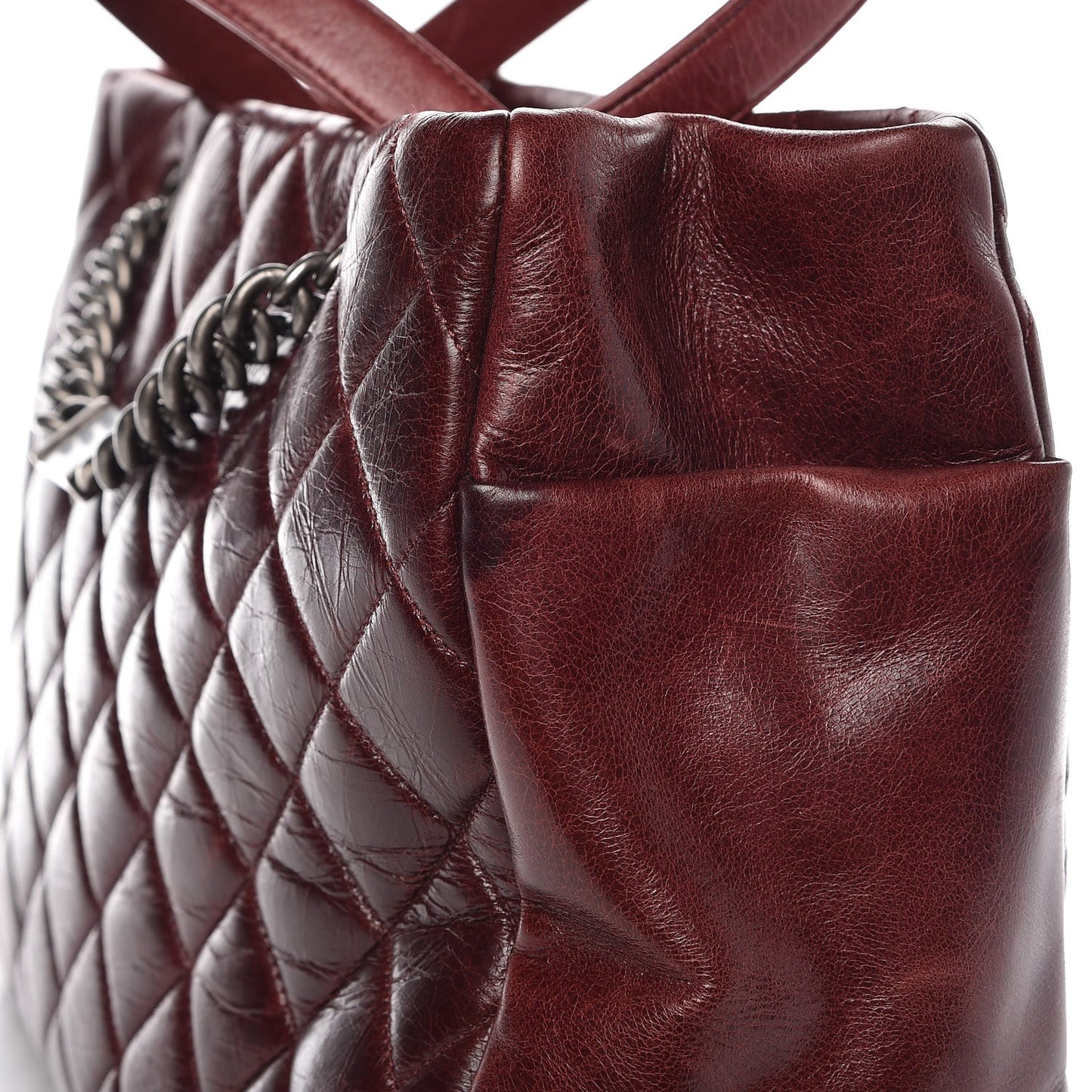 Glazed Calfskin Quilted Large Nameplate Shopping Tote Burgundy